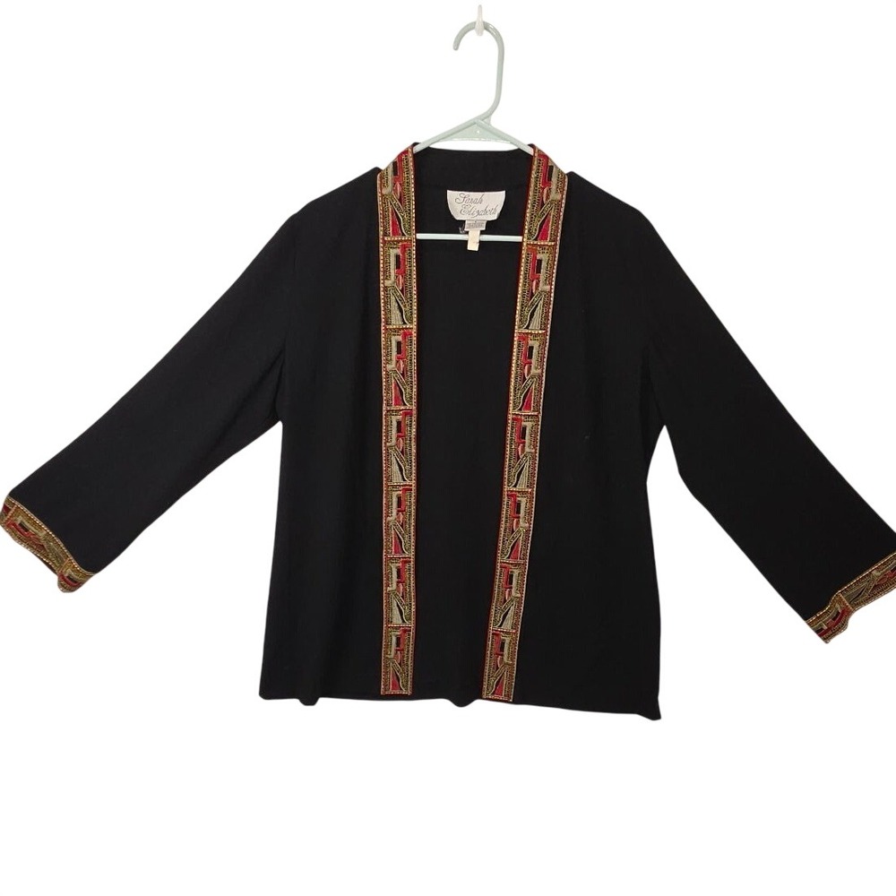 Sarah Elizabeth Black Embroidered Open Front Jacket Evening Topper Size 8